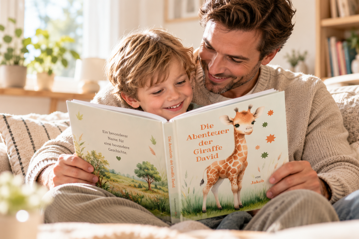Ein Vater liest gemeinsam mit seinem Sohn das BUch "Die Abenteuer der Giraffe David".