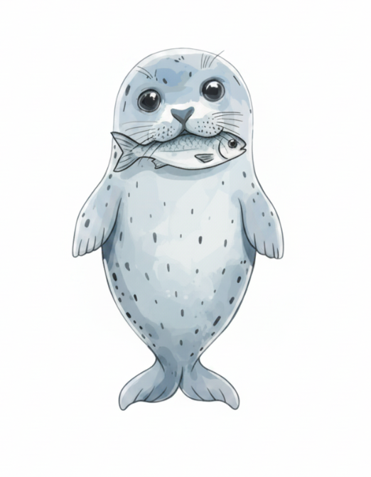 Eine kleine Robbe hat einen Fisch im Maul