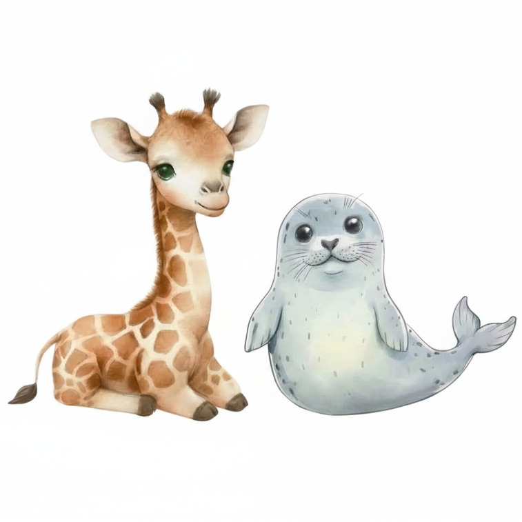 Die Hauptcharaktere der Kinderbücher, die kleine Robbe und die kleine Giraffe